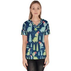 Cute Dinosaurs Animal Seamless Pattern Doodle Dino Winter Theme Women s V-neck Scrub Top by pakminggu
