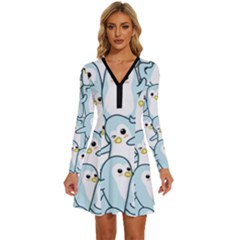 Penguins Pattern Long Sleeve Deep V Mini Dress  by pakminggu