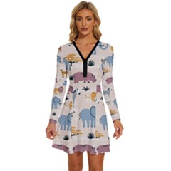 Wild Animals Seamless Pattern Long Sleeve Deep V Mini Dress  by pakminggu