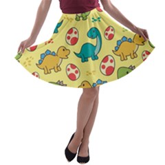 Seamless Pattern With Cute Dinosaurs Character A-line Skater Skirt by pakminggu