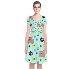 Dog Pattern Seamless Blue Background Scrapbooking Short Sleeve Front Wrap Dress by pakminggu