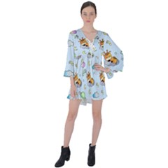 Pattern Giraffe Animal Seamless Scrapbooking Blue V-neck Flare Sleeve Mini Dress by pakminggu