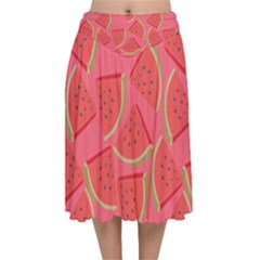 Watermelon Background Watermelon Wallpaper Velvet Flared Midi Skirt by pakminggu