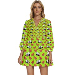 Watermelon Panda Background Wallpaper V-neck Placket Mini Dress by pakminggu