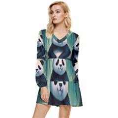 Animal Panda Forest Tree Natural Tiered Long Sleeve Mini Dress by pakminggu