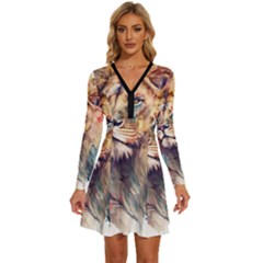 Lion Africa African Art Long Sleeve Deep V Mini Dress  by pakminggu