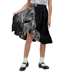 Roar Angry Male Lion Black Kids  Ruffle Flared Wrap Midi Skirt by Mog4mog4