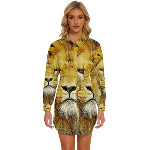 Lion Lioness Wildlife Hunter Womens Long Sleeve Shirt Dress by Mog4mog4