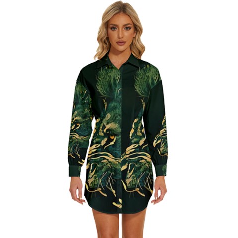 Angry Male Lion Womens Long Sleeve Shirt Dress by Mog4mog4