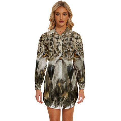 Vector Hand Painted Owl Womens Long Sleeve Shirt Dress by Mog4mog4