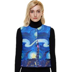 Starry Night In New York Van Gogh Manhattan Chrysler Building And Empire State Building Women s Short Button Up Puffer Vest by Mog4mog4