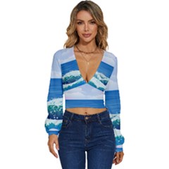 Illustration Landscape Sea Ocean Waves Beach Blue Long Sleeve Deep-v Velour Top by Mog4mog4