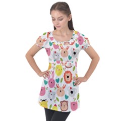 Cute Animals Cartoon Seamless Background Puff Sleeve Tunic Top by Bakwanart