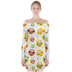 Owl Bird Cartoon Long Sleeve Off Shoulder Dress by Bakwanart