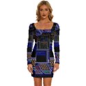 Blue Computer Monitor With Chair Game Digital Wallpaper, Digital Art Long Sleeve Square Neck Bodycon Velvet Dress View1