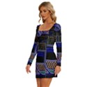 Blue Computer Monitor With Chair Game Digital Wallpaper, Digital Art Long Sleeve Square Neck Bodycon Velvet Dress View2