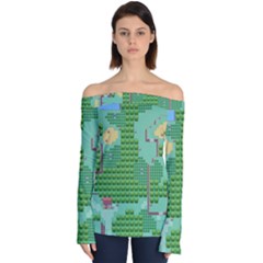 Green Retro Games Pattern Off Shoulder Long Sleeve Top by Bakwanart