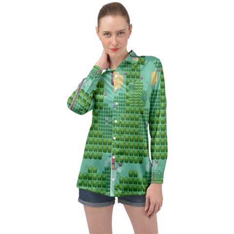 Green Retro Games Pattern Long Sleeve Satin Shirt by Bakwanart