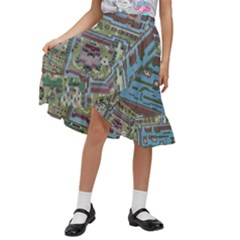 Arcade Game Retro Pattern Kids  Ruffle Flared Wrap Midi Skirt by Bakwanart