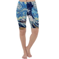 The Great Wave Of Kanagawa Painting Hokusai, Starry Night Vincent Van Gogh Cropped Leggings  by Bakwanart