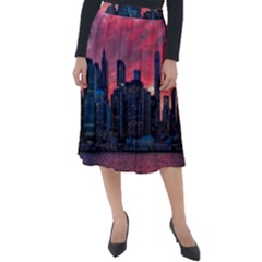 Skyline Sunset United States Reflection Usa,new York Manhattan Classic Velour Midi Skirt  by Bakwanart