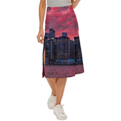 Skyline Sunset United States Reflection Usa,new York Manhattan Midi Panel Skirt by Bakwanart