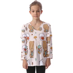 Bear Cartoon Background Pattern Seamless Animal Kids  V Neck Casual Top by 99art