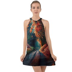 Forest Autumn Fall Painting Halter Tie Back Chiffon Dress by 99art