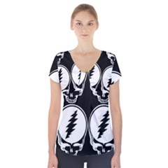 Black And White Deadhead Grateful Dead Steal Your Face Pattern Short Sleeve Front Detail Top by 99art