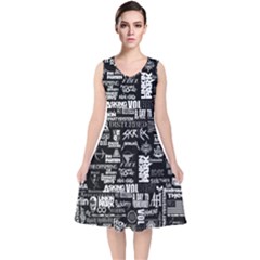 Music Pattern Black White V-neck Midi Sleeveless Dress  by 99art