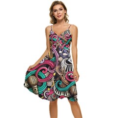 Doodle Colorful Music Doodles Sleeveless Tie Front Chiffon Dress by 99art