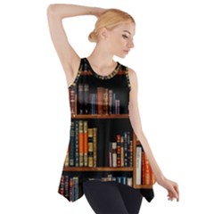 Assorted Title Of Books Piled In The Shelves Assorted Book Lot Inside The Wooden Shelf Side Drop Tank Tunic by 99art