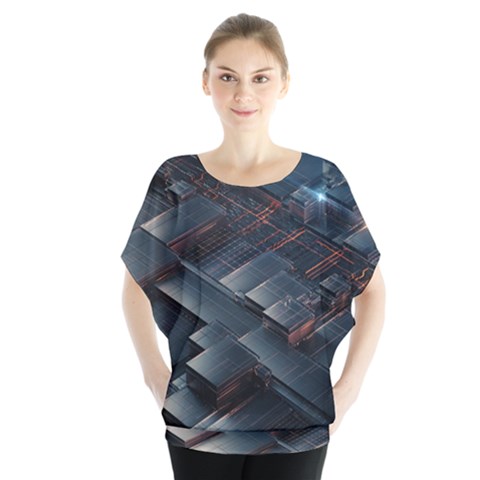 Architectural Design Abstract 3d Neon Glow Industry Batwing Chiffon Blouse by 99art