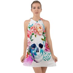 Day Of The Dead Skull Art Halter Tie Back Chiffon Dress by 99art