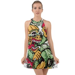 Scooter-motorcycle-graffiti Halter Tie Back Chiffon Dress by 99art