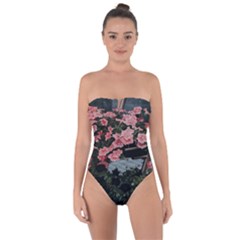 Pink Peony  Flower Tie Back One Piece Swimsuit by artworkshop