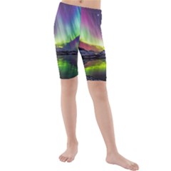 Aurora Borealis Polar Northern Lights Natural Phenomenon North Night Mountains Kids  Mid Length Swim Shorts by B30l