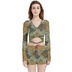 Vintage World Map Travel Geography Velvet Wrap Crop Top And Shorts Set by B30l