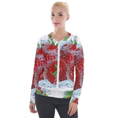 Red Strawberries Water Squirt Strawberry Fresh Splash Drops Velvet Zip Up Jacket by B30l