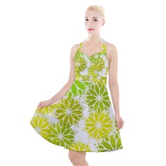 Flowers Green Texture With Pattern Leaves Shape Seamless Halter Party Swing Dress  by danenraven