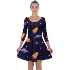 Cosmos Rockets Spaceships Ufos Quarter Sleeve Skater Dress by Cowasu