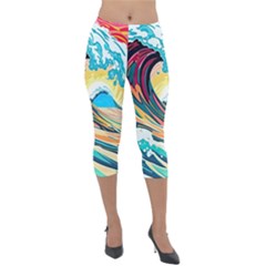 Ai Generated Waves Ocean Sea Tsunami Nautical Blue Sea (2) Lightweight Velour Capri Leggings  by Cowasu