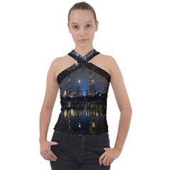 New York Night Central Park Skyscrapers Skyline Cross Neck Velour Top by Cowasu