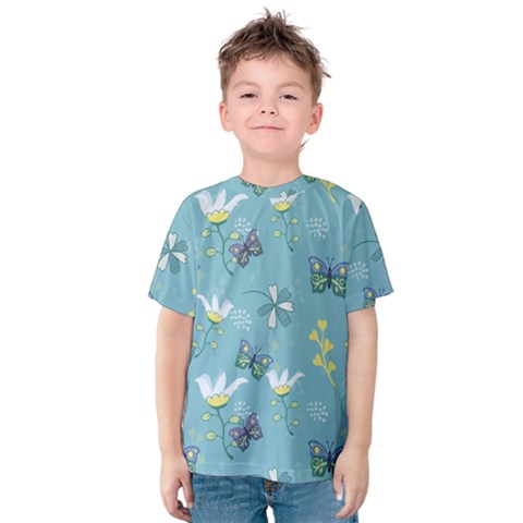 Butterfly Flower Blue Background Kids  Cotton Tee by danenraven