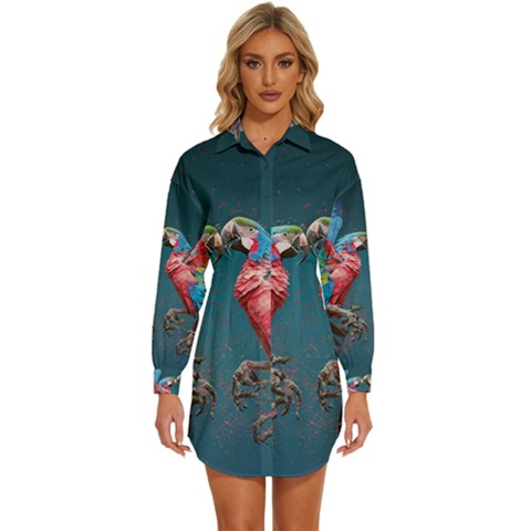 Birds Parrots Love Ornithology Species Fauna Womens Long Sleeve Shirt Dress by Ndabl3x