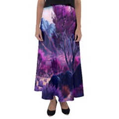 Landscape Painting Purple Tree Flared Maxi Skirt by Ndabl3x