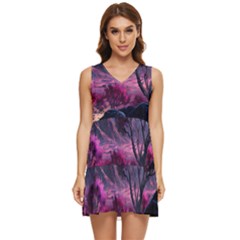 Landscape Painting Purple Tree Tiered Sleeveless Mini Dress by Ndabl3x