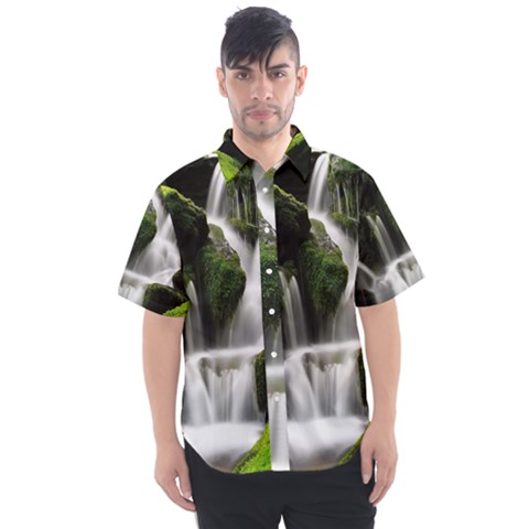 Waterfall Moss Korea Mountain Valley Green Forest Men s Short Sleeve Shirt by Ndabl3x