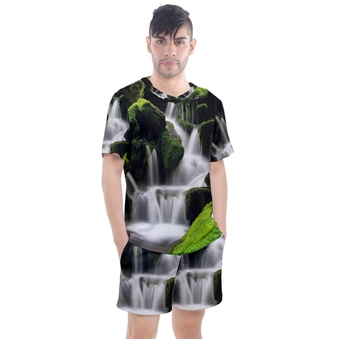 Waterfall Moss Korea Mountain Valley Green Forest Men s Mesh Tee And Shorts Set by Ndabl3x