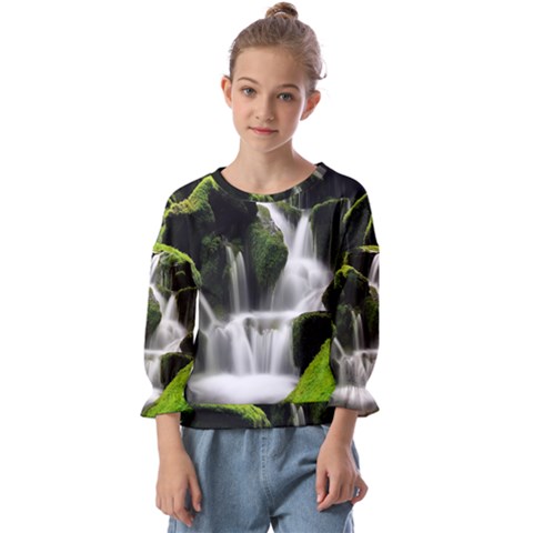 Waterfall Moss Korea Mountain Valley Green Forest Kids  Cuff Sleeve Top by Ndabl3x